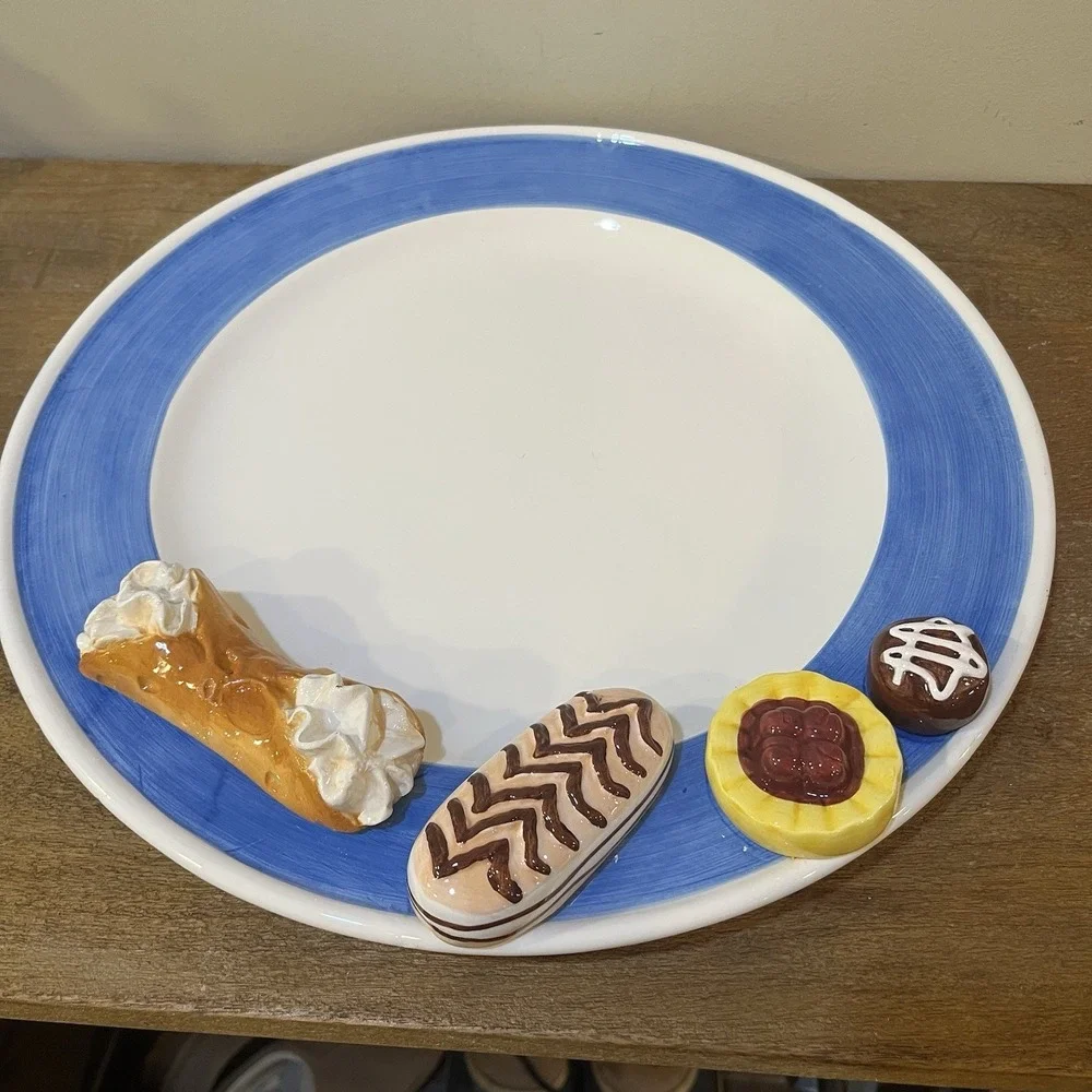 VTG Lotus Novelty 3D Dessert Pastry Serving Platter Blue Border Cannoli Eclair